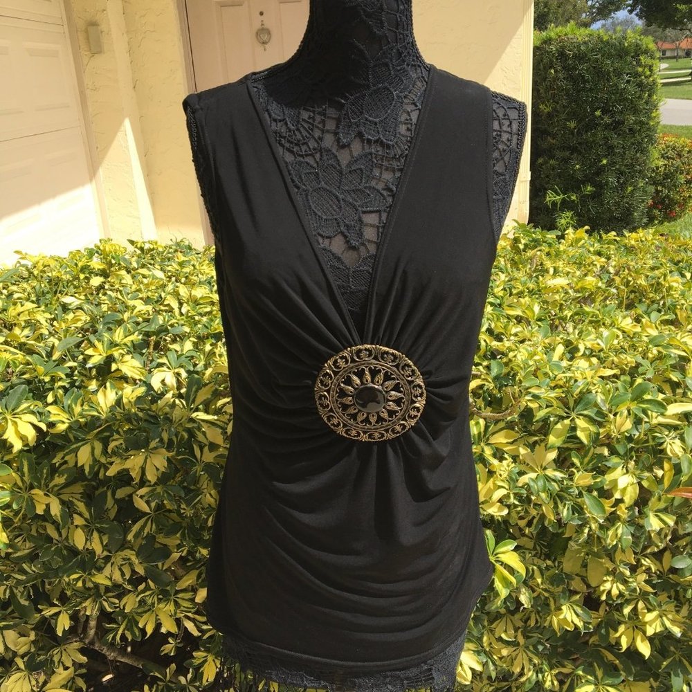 Spense Black Sleeveless Draped Top with Stunning  Medallion Accent